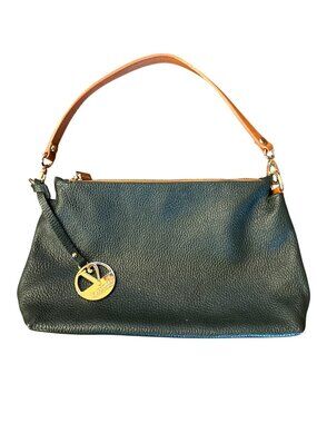 Valentina Italy Leather Shoulder Bag Green Tan Strap Gold Logo Zip Purse
